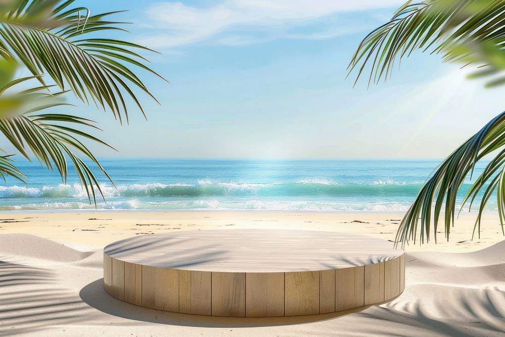 Product podium with beach shoreline furniture outdoors.