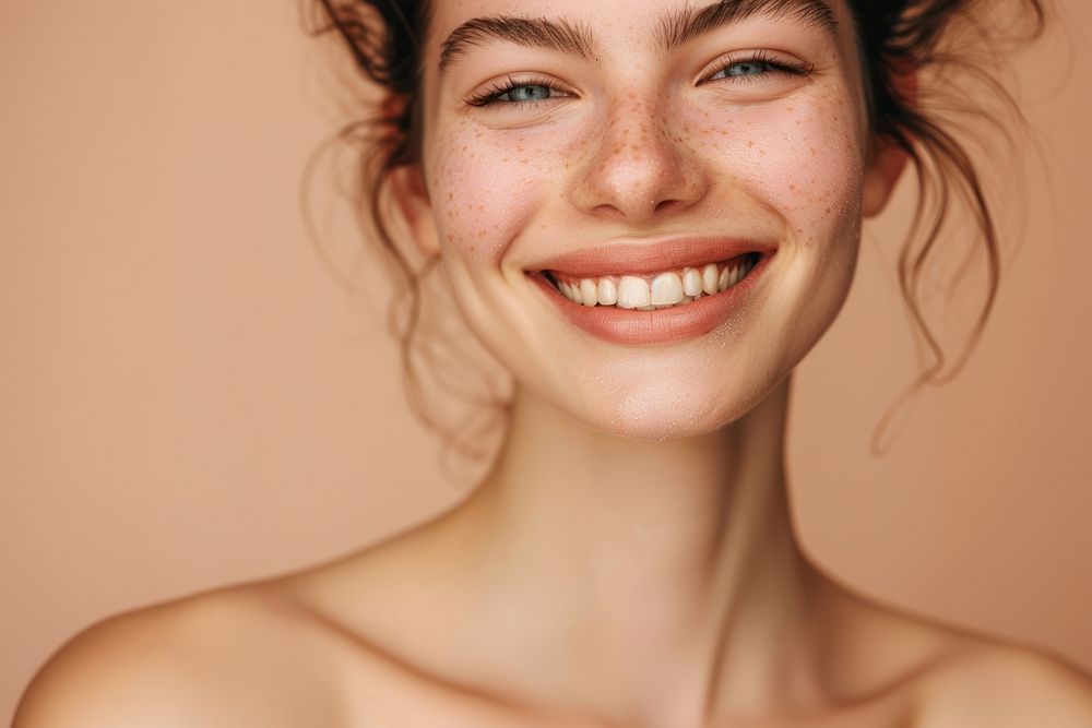 Woman happy with no makeup smile dimples person.