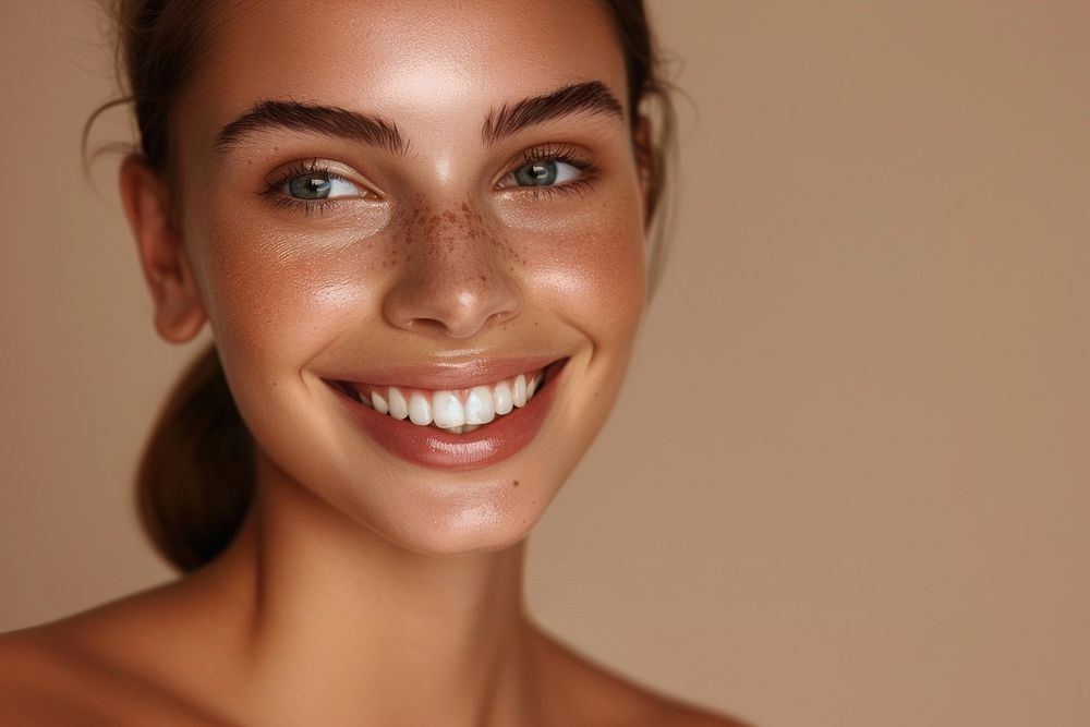 Woman happy with no makeup smile skin dimples.