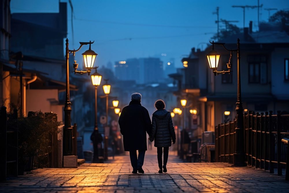 Couple walking silhouette photography city sunset togetherness.
