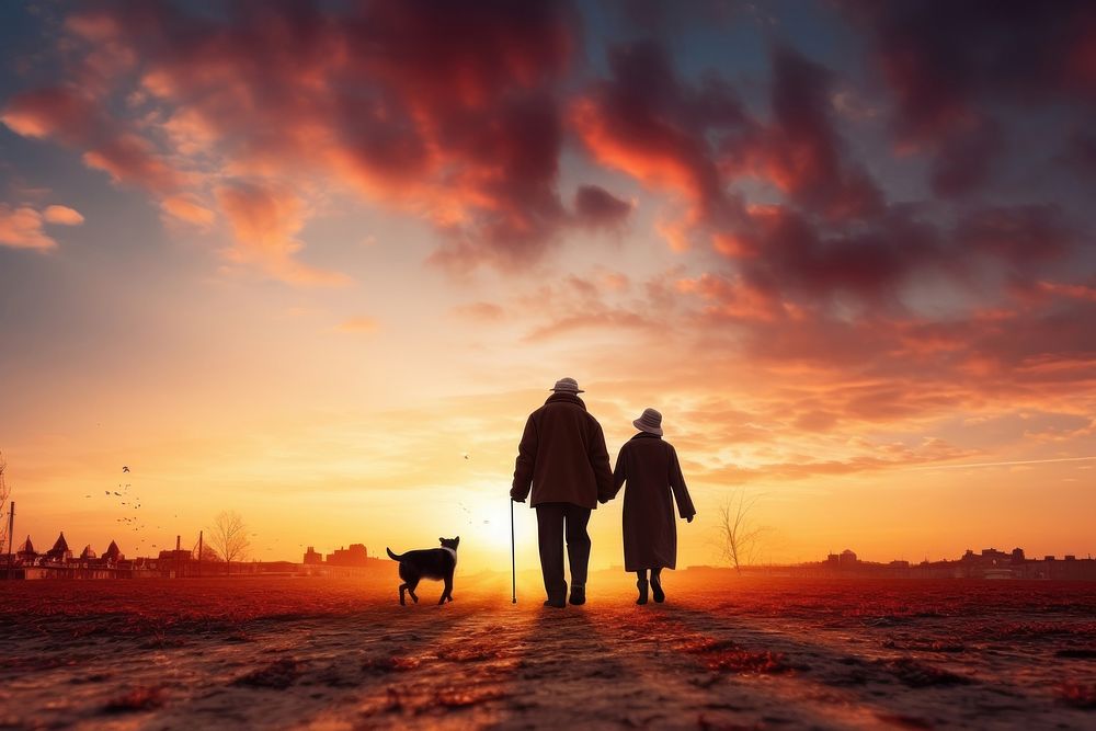 Couple walking silhouette photography sky outdoors sunset.