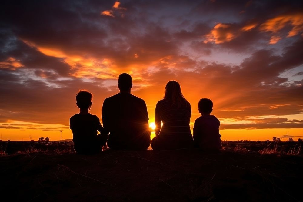Family sitting silhouette photography sky backlighting outdoors.