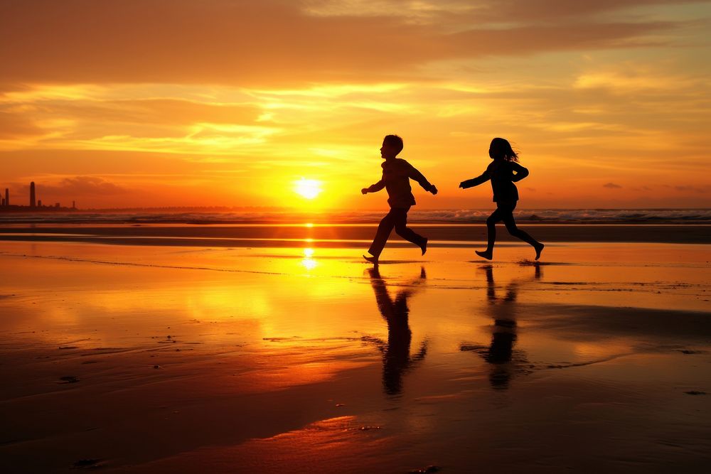 Kids running silhouette photography outdoors sunset nature.
