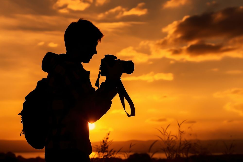 Camera silhouette photography backlighting holding sunset.