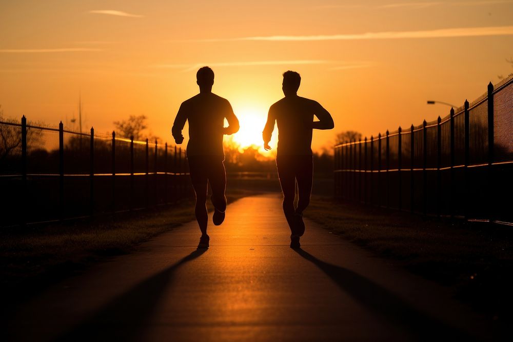 Couple running silhouette photography sunset shadow togetherness.