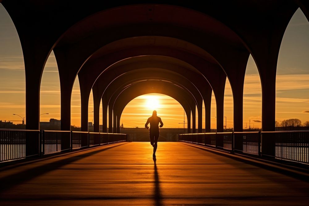 Man running silhouette photography outdoors walking bridge.