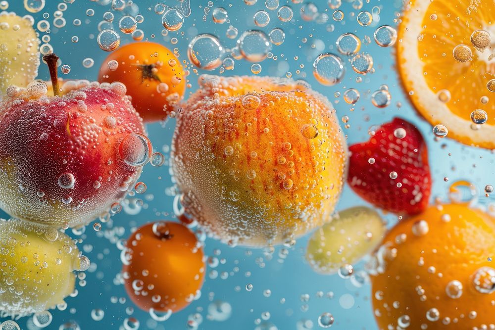 Mix fruits oil bubble grapefruit produce orange.