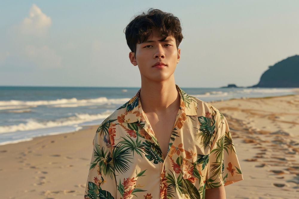 Man wear hawaiian shirt beachwear clothing shoulder.