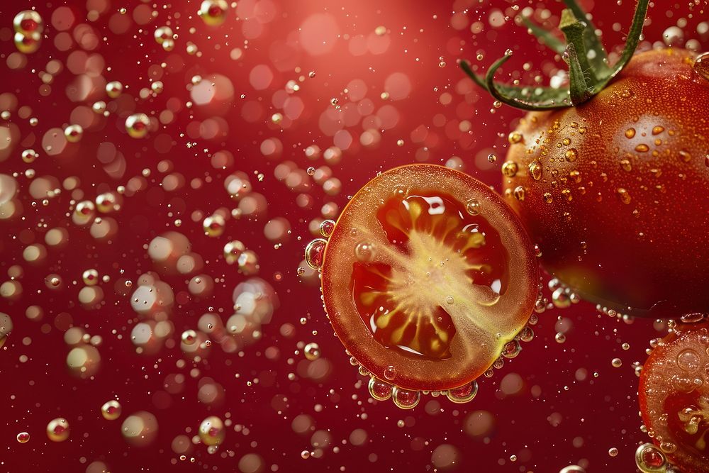 Halved tomatos oil bubble vegetable produce ketchup.
