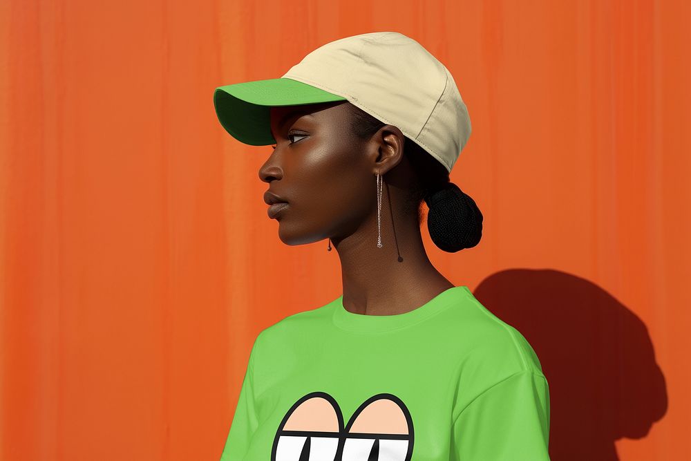 woman in green t-shirt n beige cap