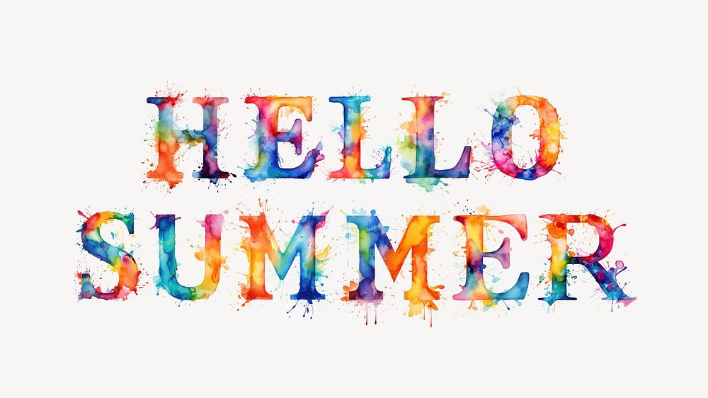 Hello Summer word splashed watercolor alphabet design