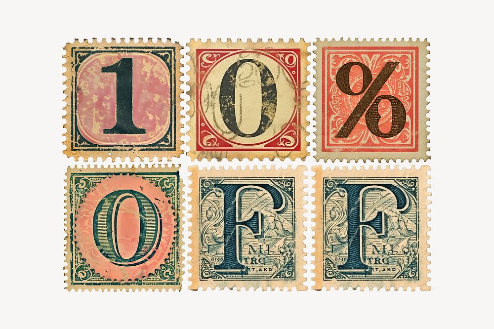 10% off vintage postage stamp alphabet design