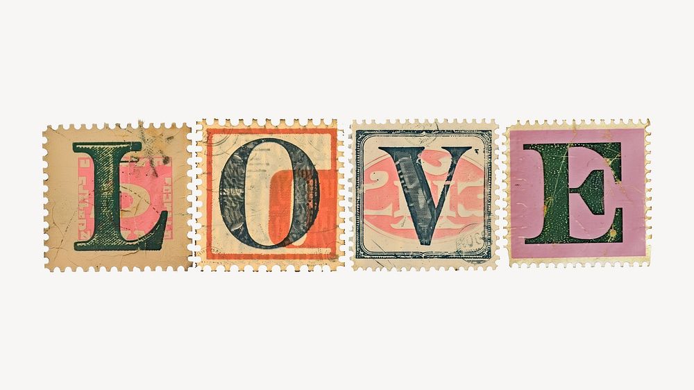 Love word vintage postage stamp alphabet design