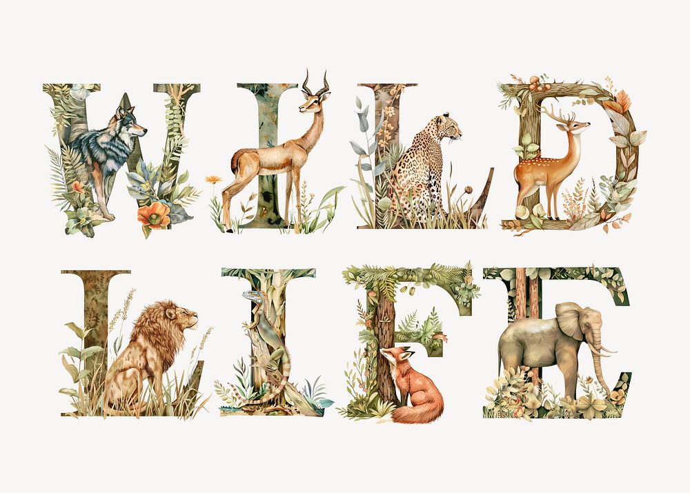 Wildlife botanical art alphabet illustration