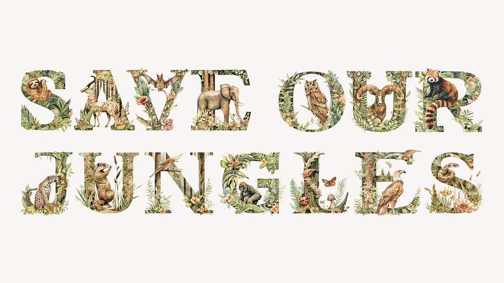Save our jungles botanical art alphabet illustration