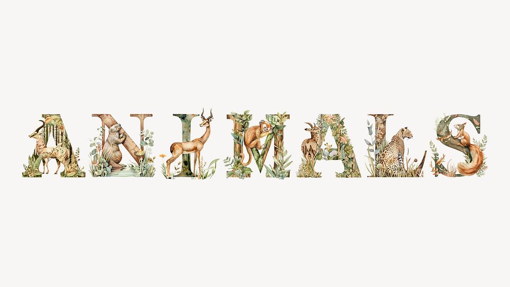 Animals botanical art alphabet illustration