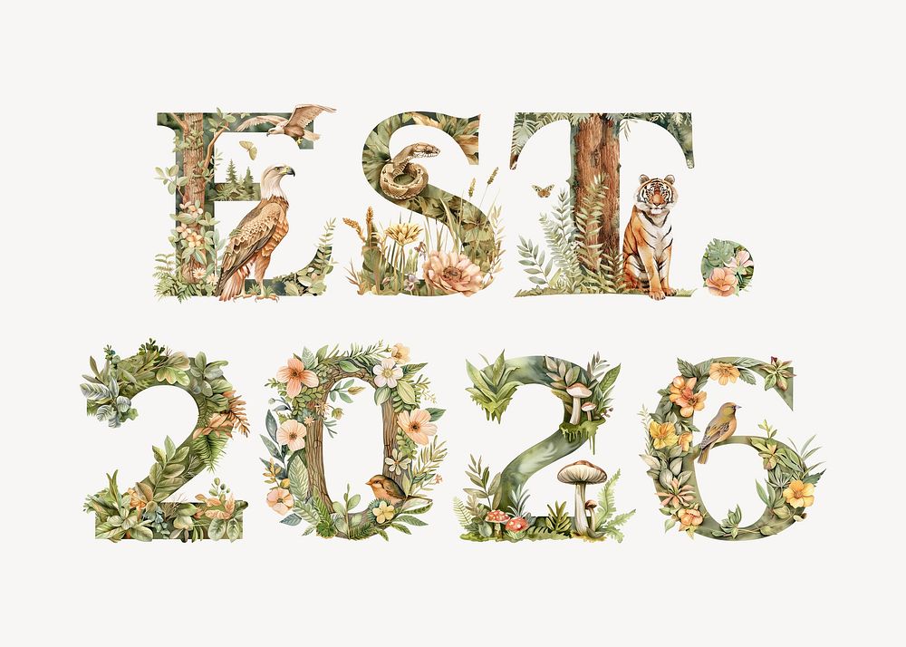 EST.2026 botanical art alphabet illustration