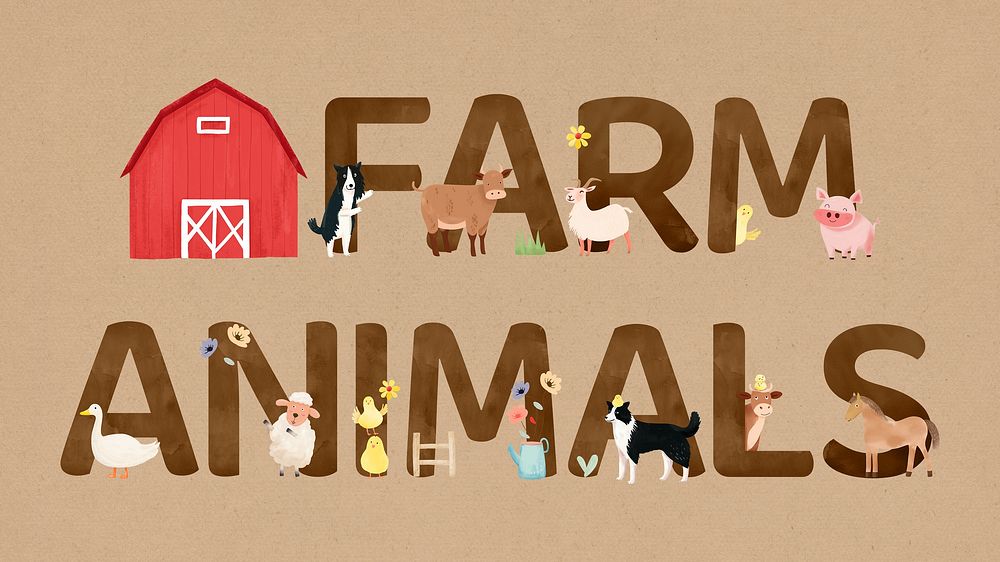 Farm animals word in brown alphabet illustration