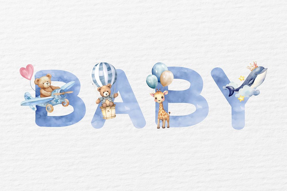 Baby word in blue watercolor alphabet illustration