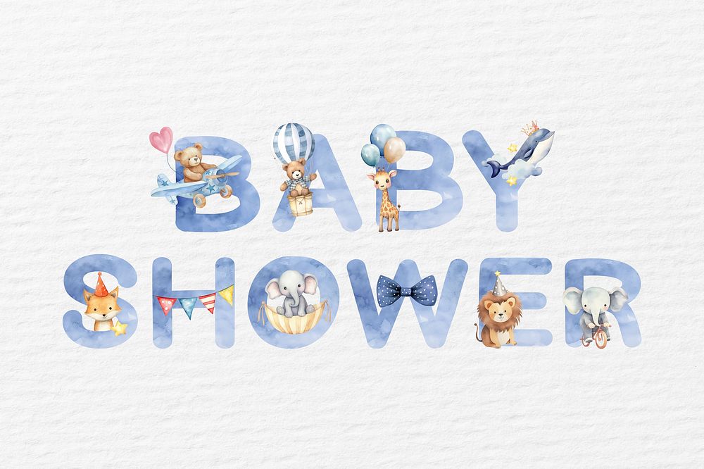 Baby shower word in blue watercolor alphabet illustration