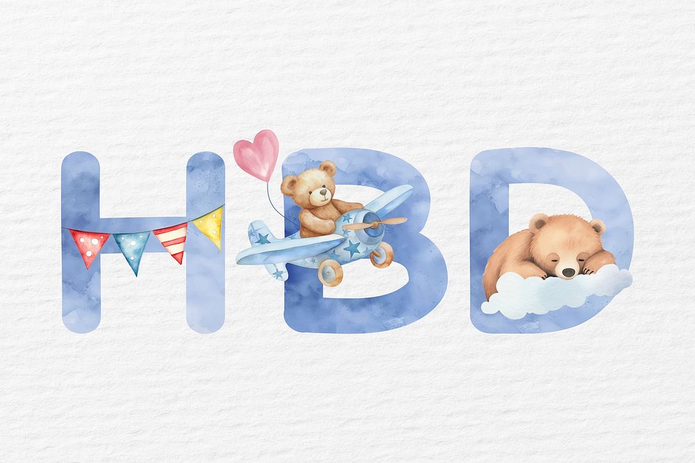 HBD word in blue watercolor alphabet illustration