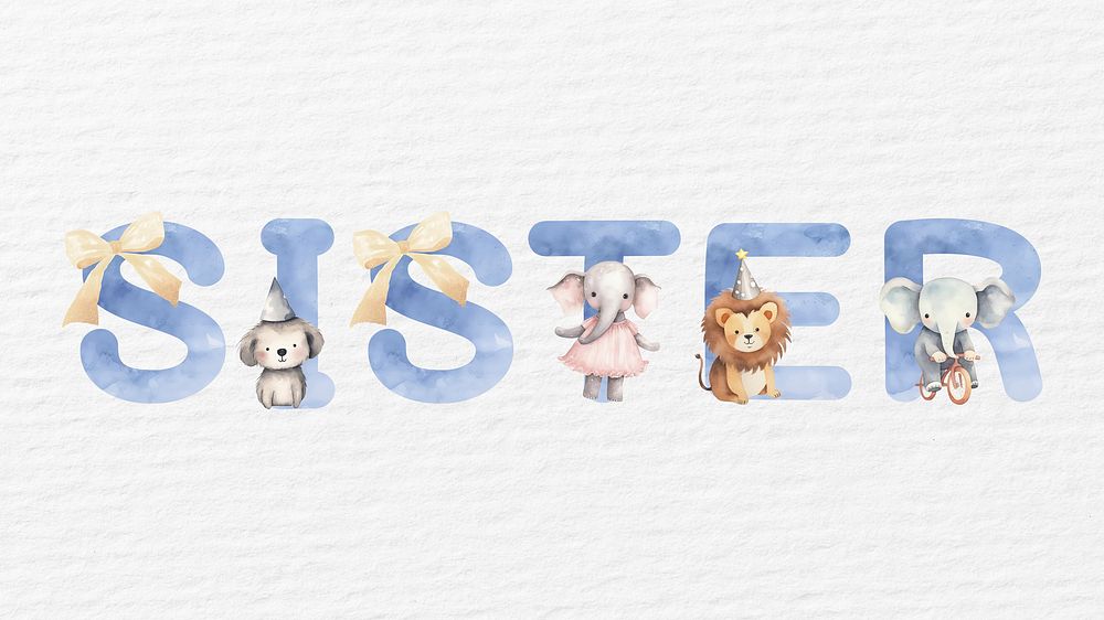 Sister word in blue watercolor alphabet illustration