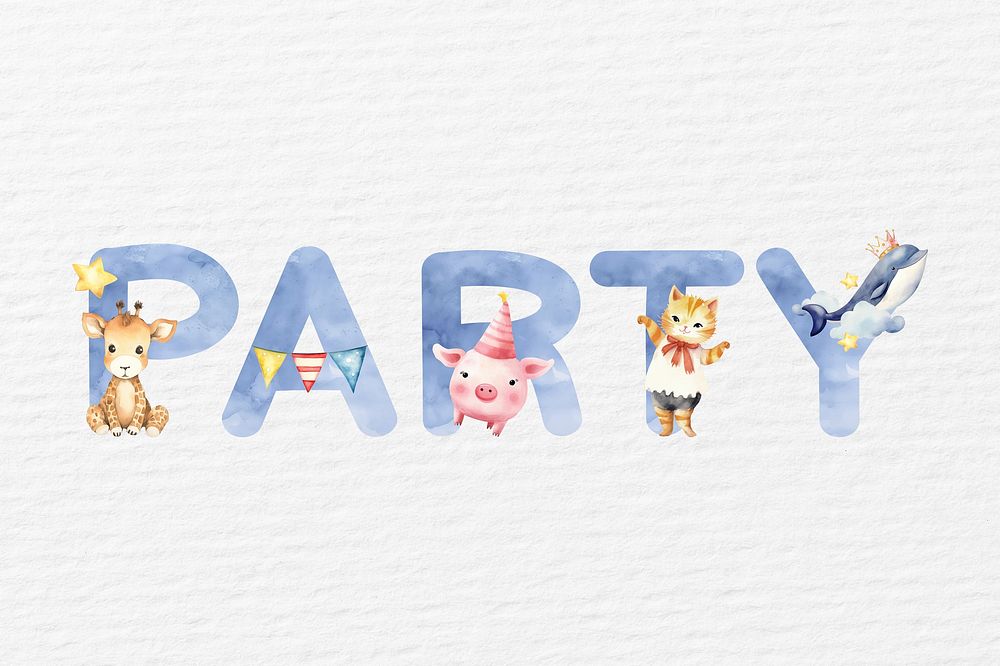 Party word in blue watercolor alphabet illustration