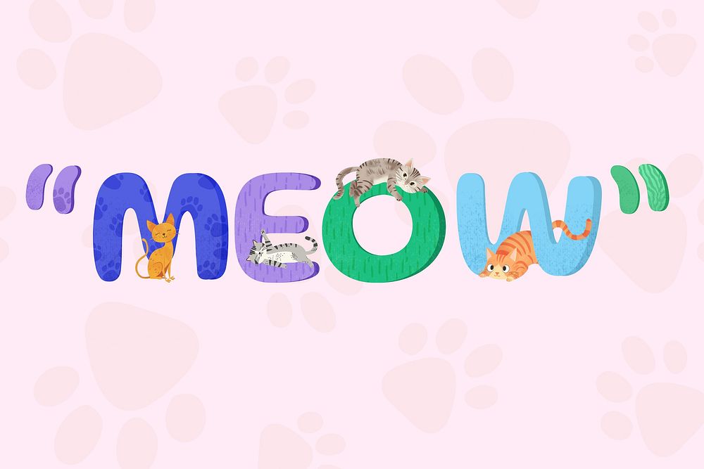 Meow word with cat character illustration