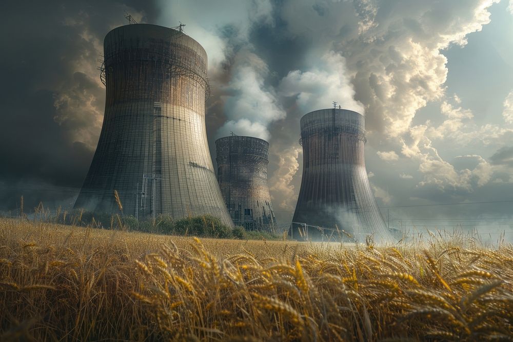 Cooling towers near a field of wheat architecture landscape outdoors.