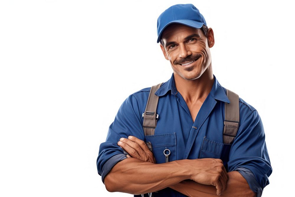 Cuban mechanic smiling cardboard clothing apparel.