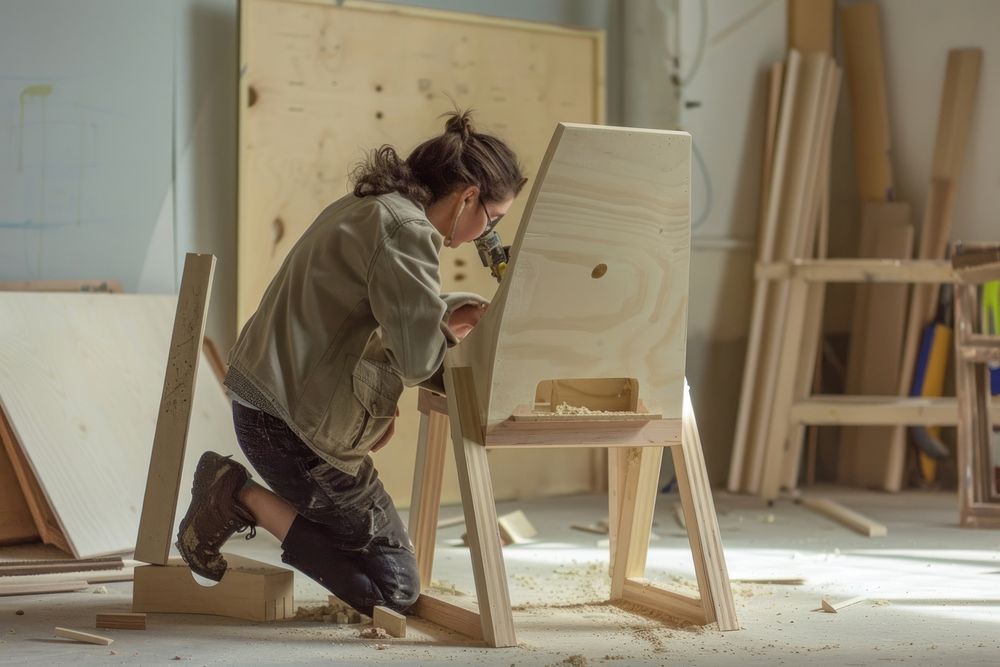 Woman constructing a chair concentration craftsperson architecture.