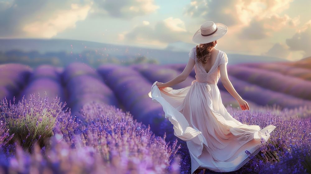 Woman in a white dress wearing a hat lavender landscape outdoors.