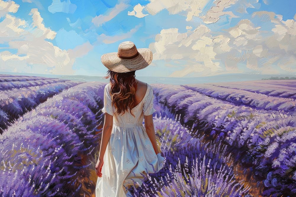 Young woman walking through lavender fields landscape outdoors flower.