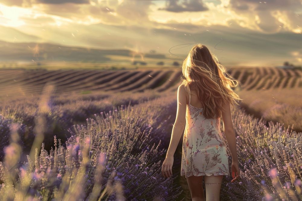 Young woman walking through lavender fields landscape outdoors nature.