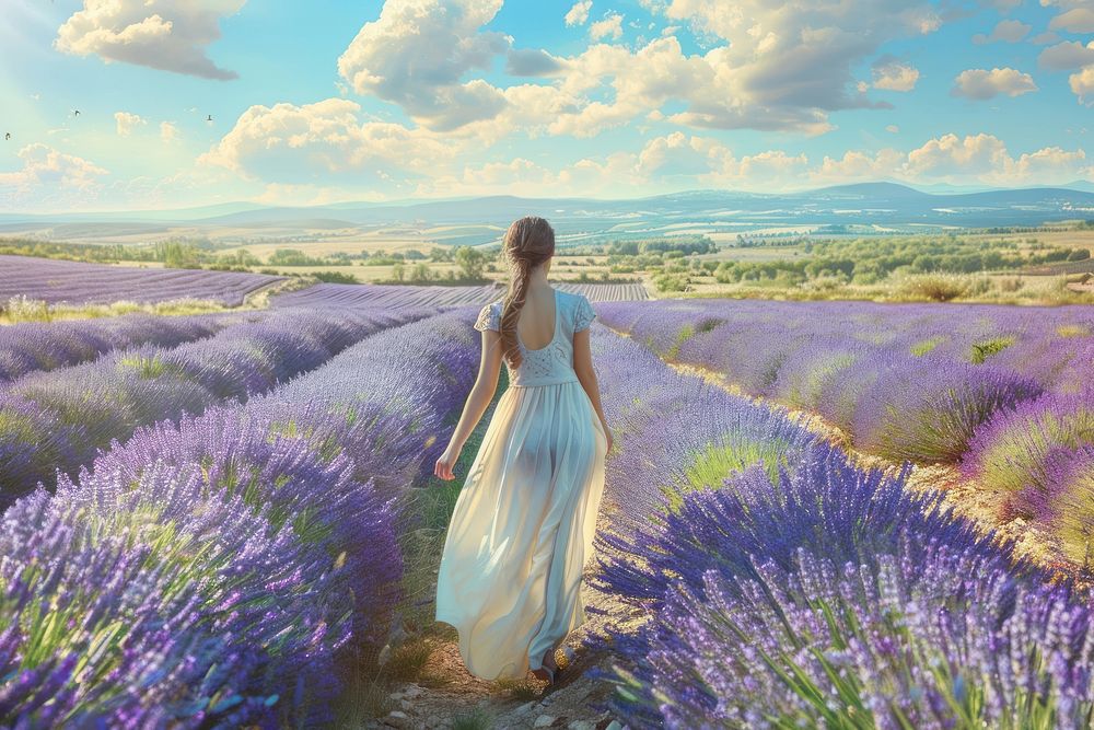 Young woman walking through lavender fields landscape outdoors nature.