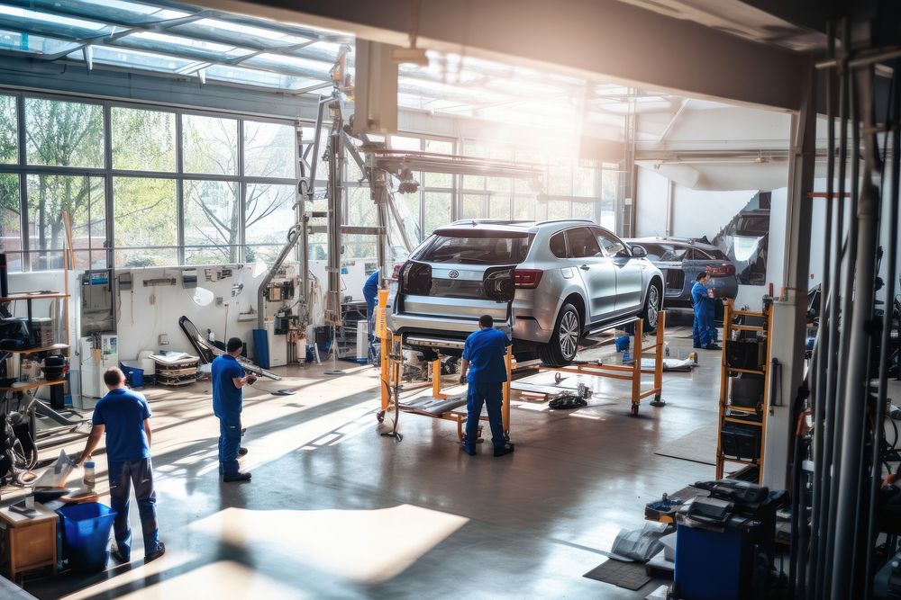 A car is on the lift in an auto repair shop workshop vehicle transportation.