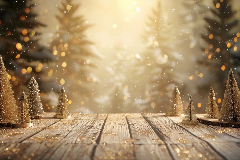 Wooden tabletop with christmas trees outdoors nature light.