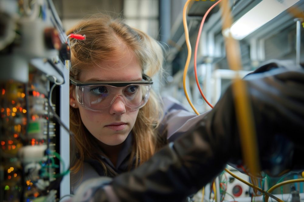 Female engineer working on an electric circuit glasses lab architecture.