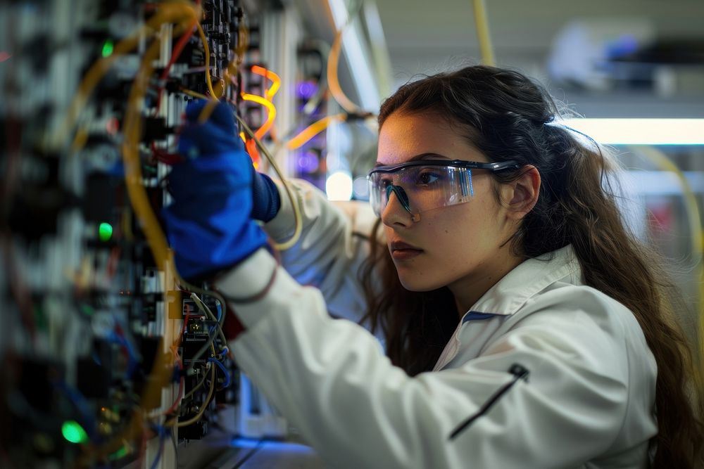 Female engineer working on an electric circuit glove scientist clothing.