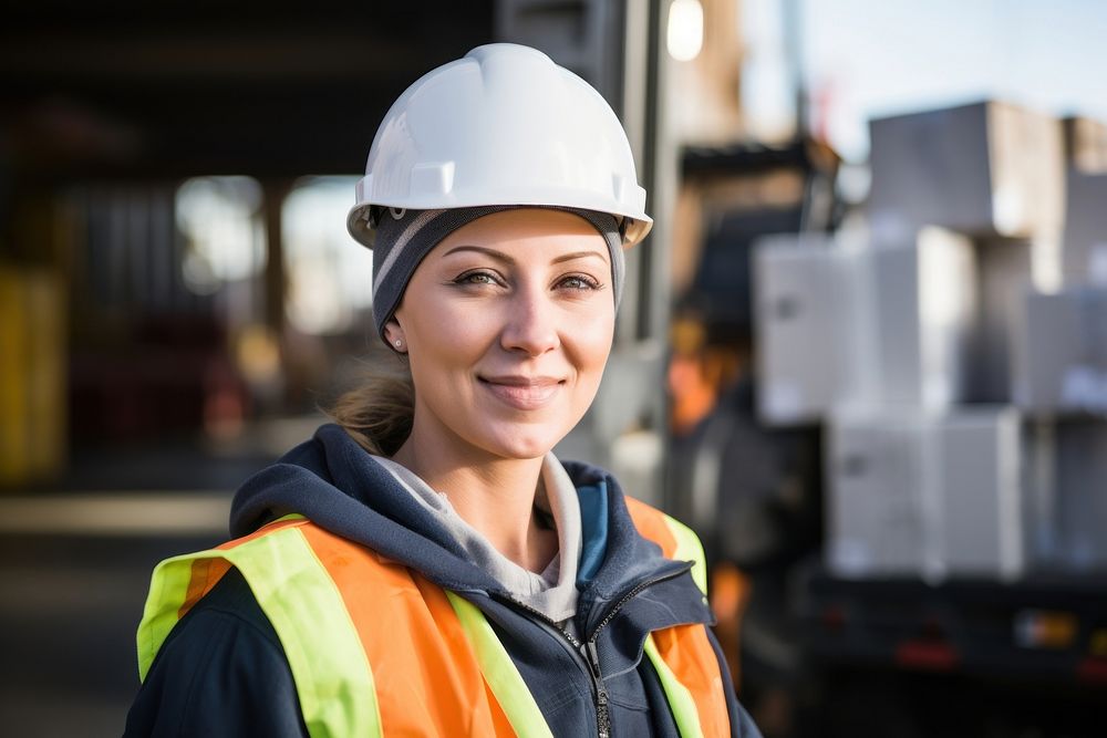 Female worker in safety gear stands next to an industrial truck at the port clothing apparel hardhat.