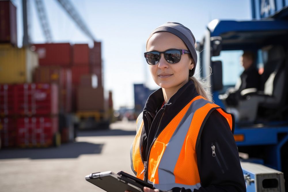 Female worker in safety gear stands next to an industrial truck at the port glasses accessories accessory.