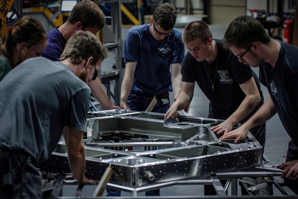 Engineers working together on an innovative machine manufacturing architecture accessories.