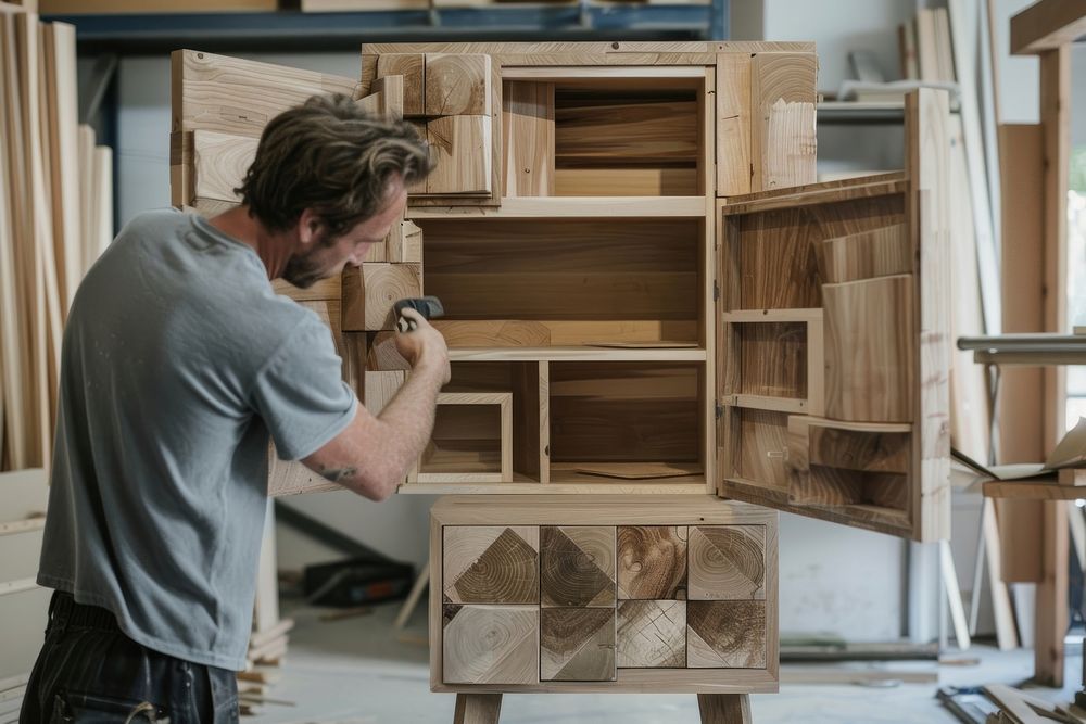 Man constructing a cabinet furniture adult wood.