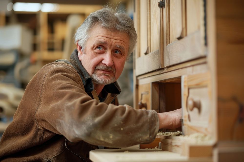Man constructing a cabinet adult concentration craftsperson.