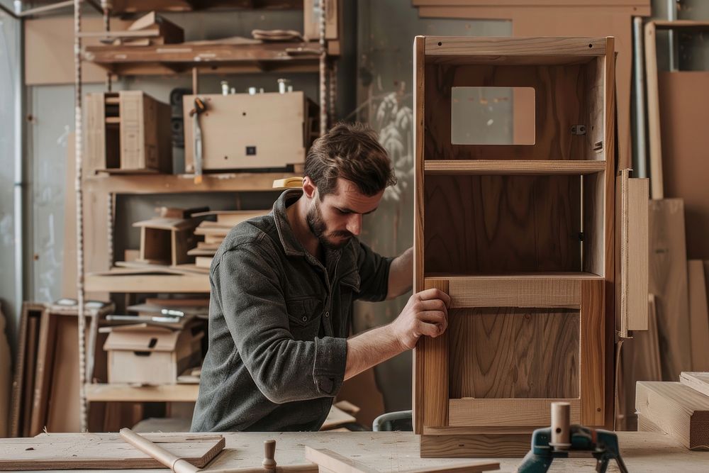 Man constructing a cabinet furniture adult concentration.