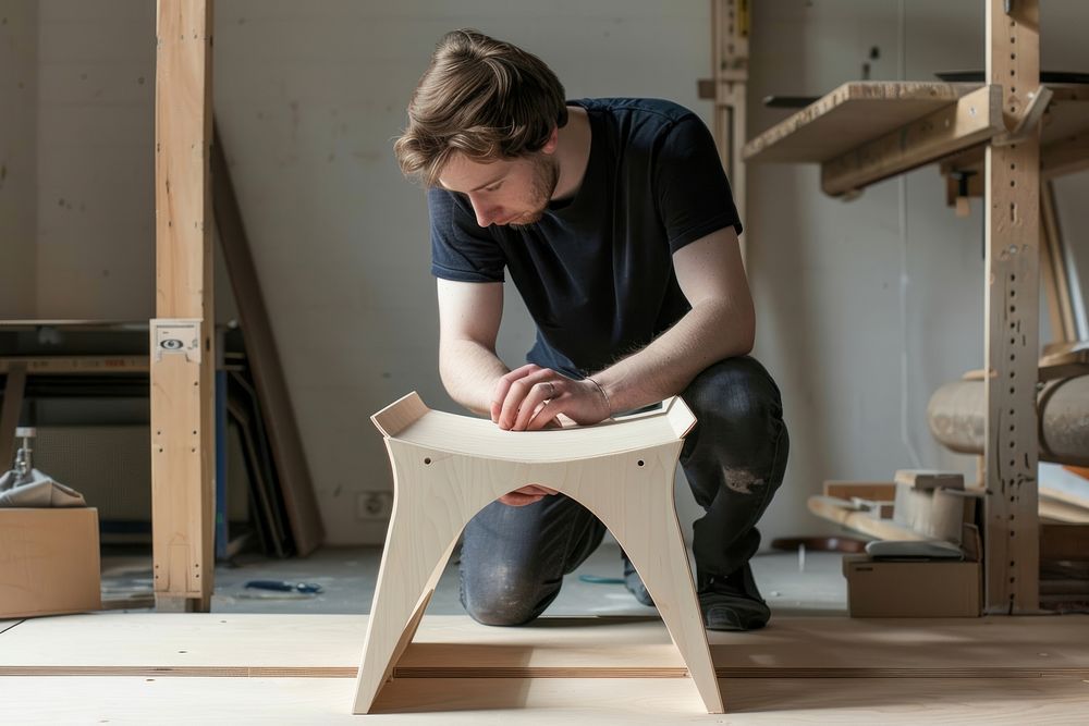 Man constructing a stool furniture sitting adult.