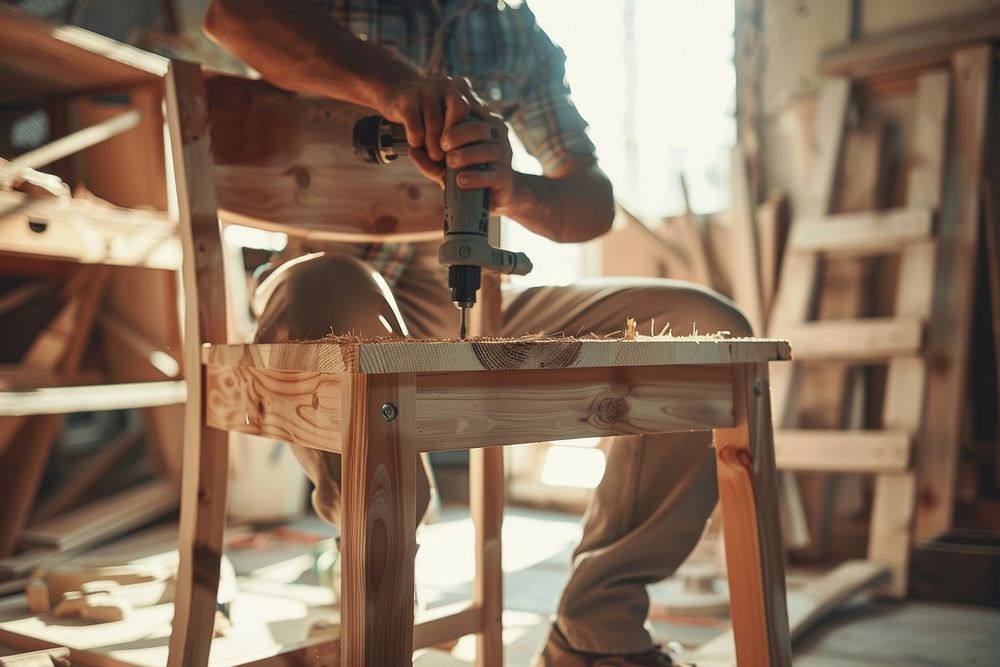 Man constructing a wooden chair craftsperson architecture woodworking.