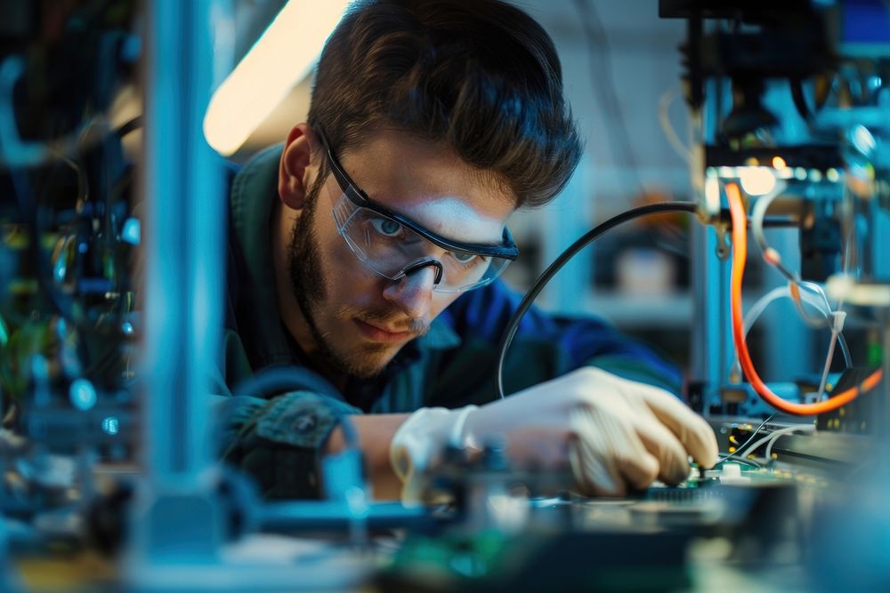 Male engineer working on an electric circuit glasses glove manufacturing.