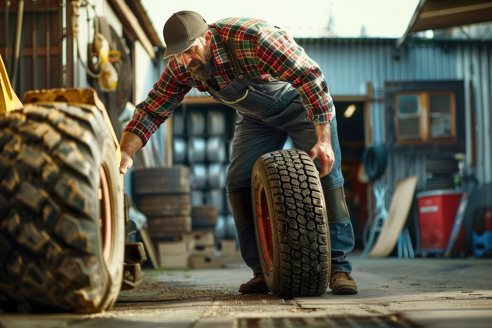 Mechanic man in overalls is pushing the tire transportation ammunition automobile.