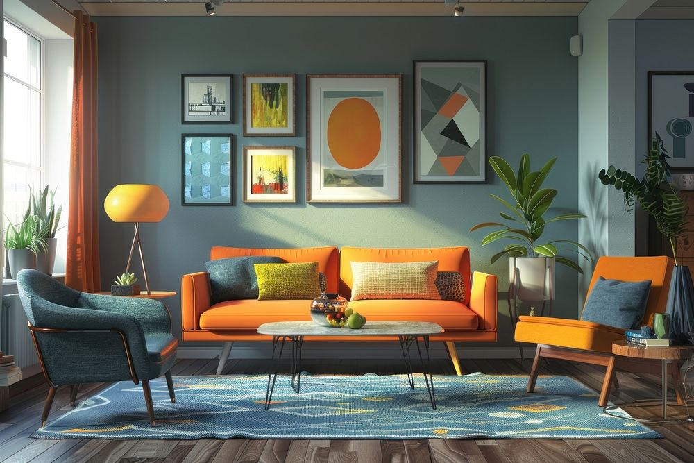 Modern living room furniture architecture painting.